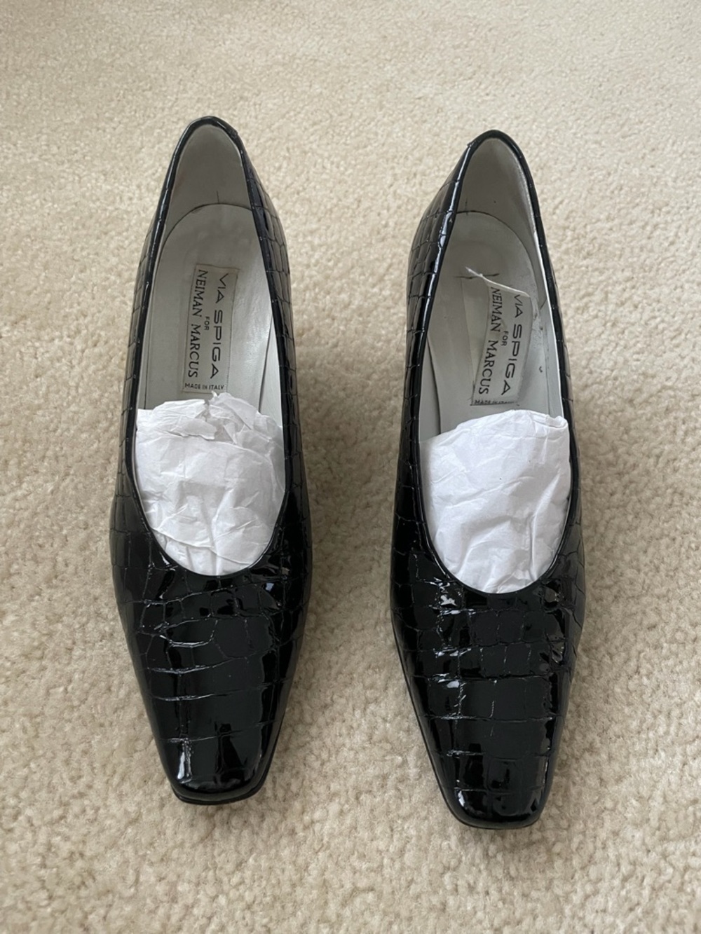Via Spiga Black Croc-Embossed Patent Leather Slip-On Pumps